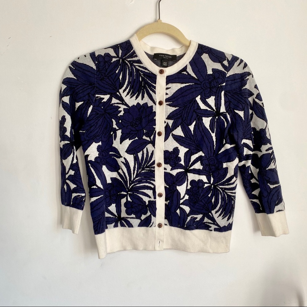 Ann Taylor Petite Blue Floral Cardigan